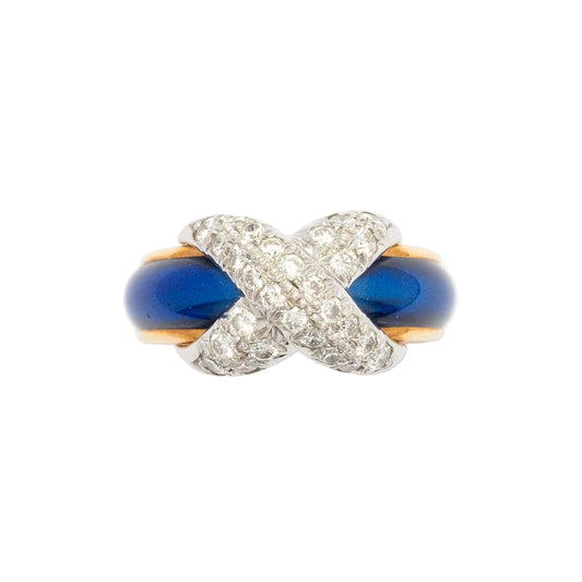 Tiffany&Co. Schlumberger Ring in 18ct Gold, Platinum and Blue Enamel with Diamonds – 1970s Vintage