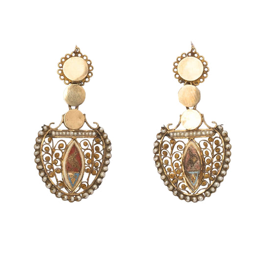 19th Century Antique Earrings in Gold, Filigree, Natural Pearls and Enamel – Abruzzo, Italy