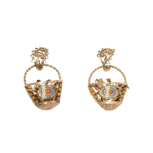19th Century Sicilian Earrings in 12kt Gold and Enamel – Floral Basket Design