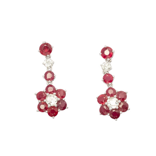 Vintage Drop Earrings in 18ct White Gold with Natural Rubies and Diamonds