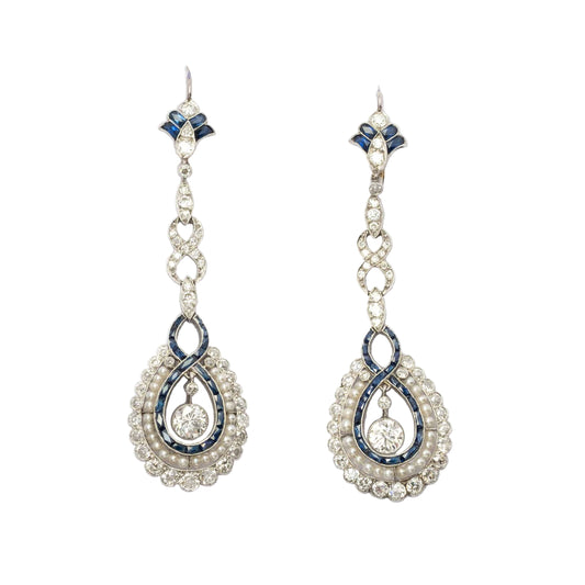 Platinum Drop Earrings with Diamonds, Sapphires and Pearls – Art Déco Period