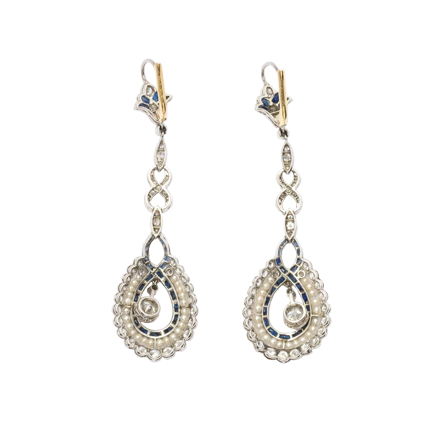 Platinum Drop Earrings with Diamonds, Sapphires and Pearls – Art Déco Period