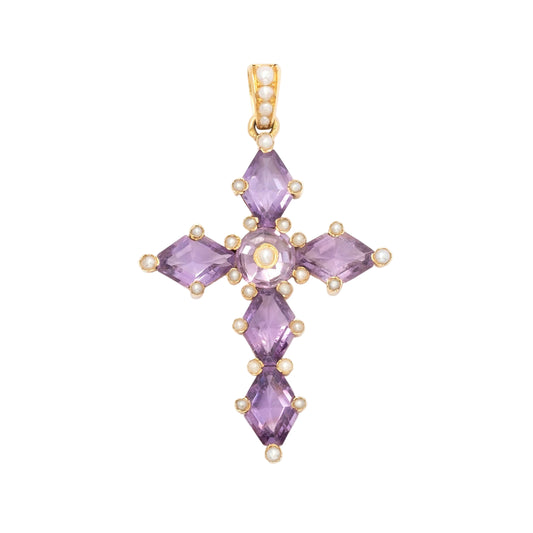 Antique 19th Century Cross Pendant in 18ct Gold with Amethysts and Natural Pearls, France