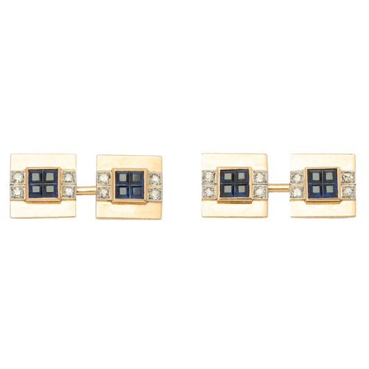 Art Déco 1930s 18ct Gold Double Cufflinks with Diamonds and Blue Stones