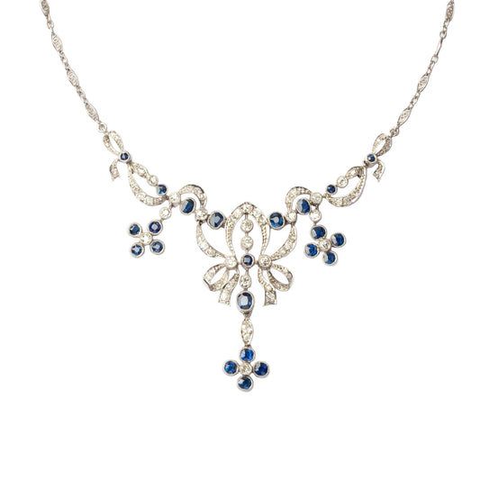 1950s Platinum Necklace with Old-Cut Diamonds and Natural Sapphires
