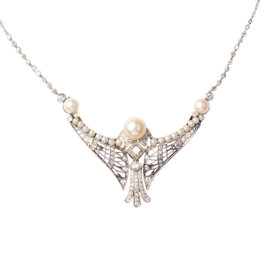 1930s Art Deco Gold and Platinum Necklace with Diamonds and Cultured Pearls