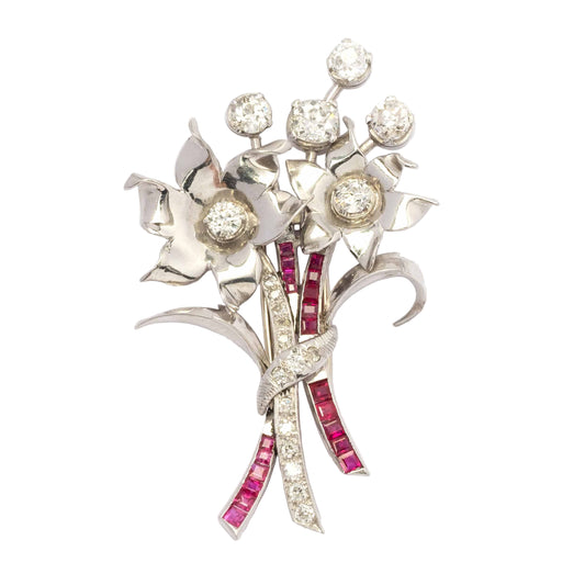 Impressive 1940s Platinum Brooch with Old-Cut Diamonds & Rubies