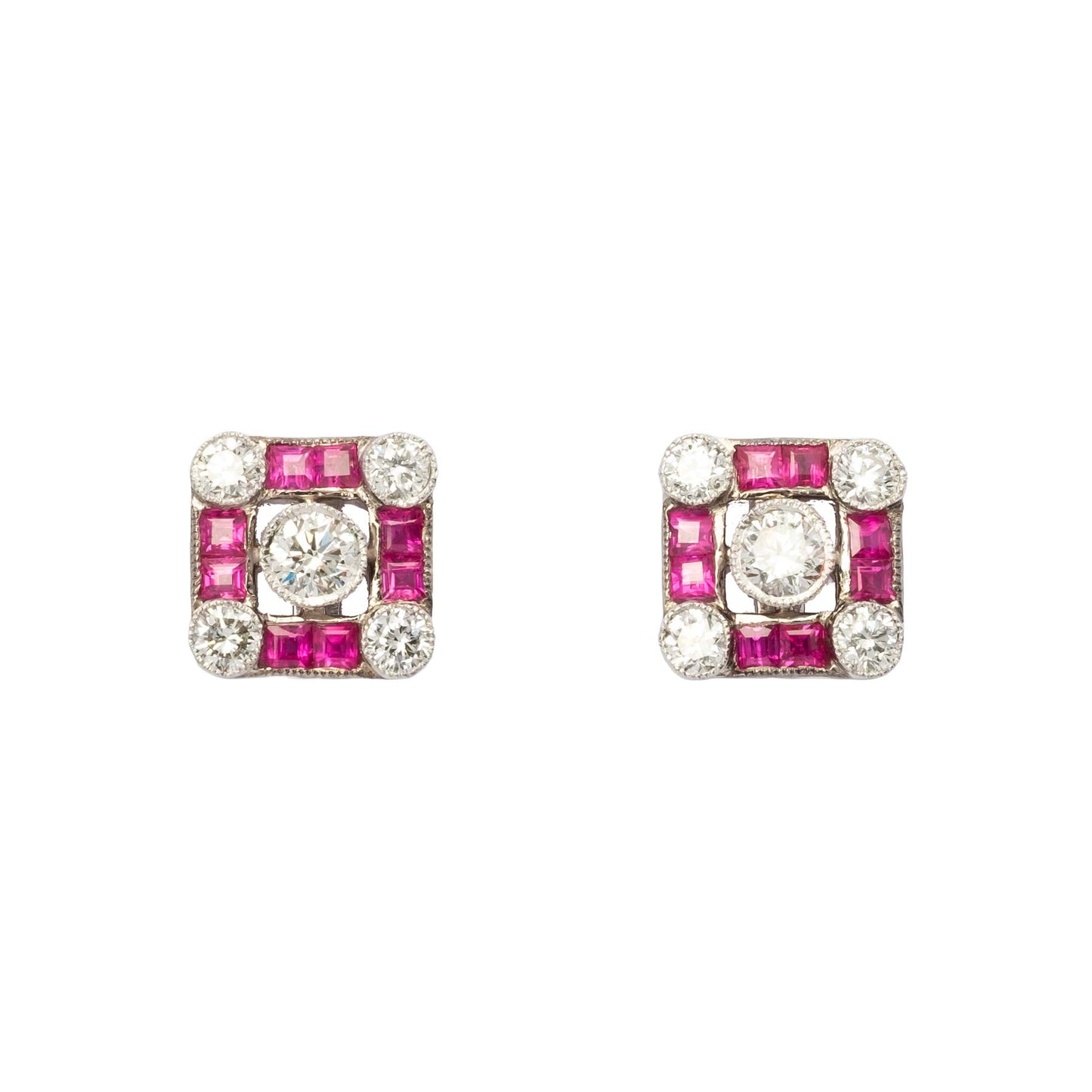 Orecchini Vintage in Oro Bianco 18ct con Diamanti e Rubini – Ispirazione Déco