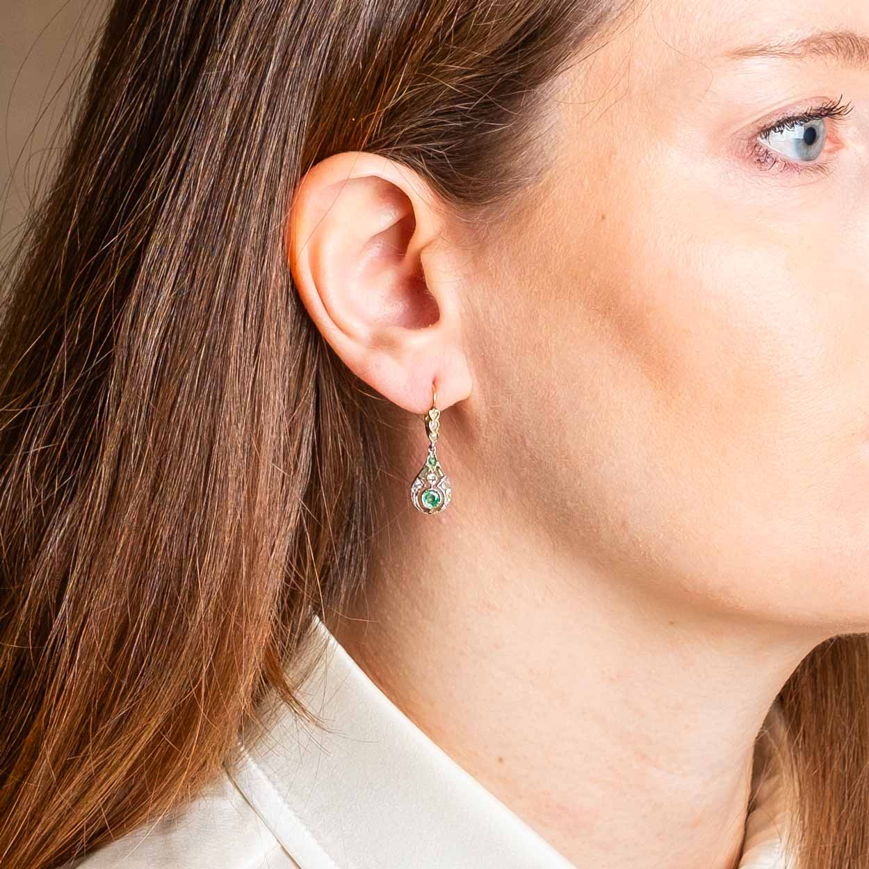 1930s Art Deco Gold and Platinum Earrings with Diamonds and Natural Emeralds