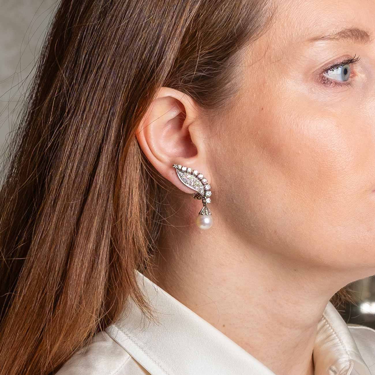 Important 1950s 18ct White Gold Diamond Earrings with Japanese Cultured Pearls