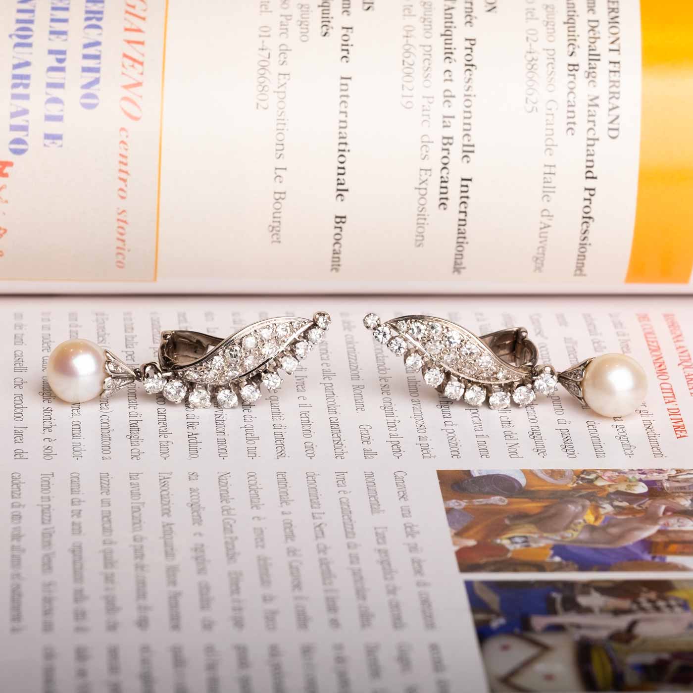 Important 1950s 18ct White Gold Diamond Earrings with Japanese Cultured Pearls