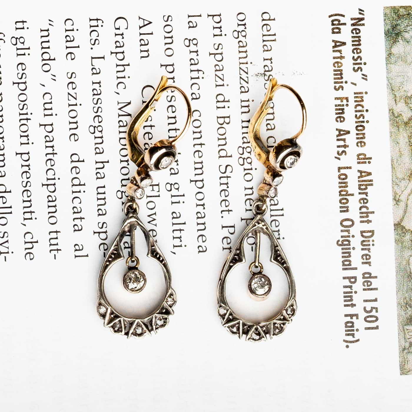 Early 1900s Art Nouveau 18ct Gold and Silver Earrings with Diamonds