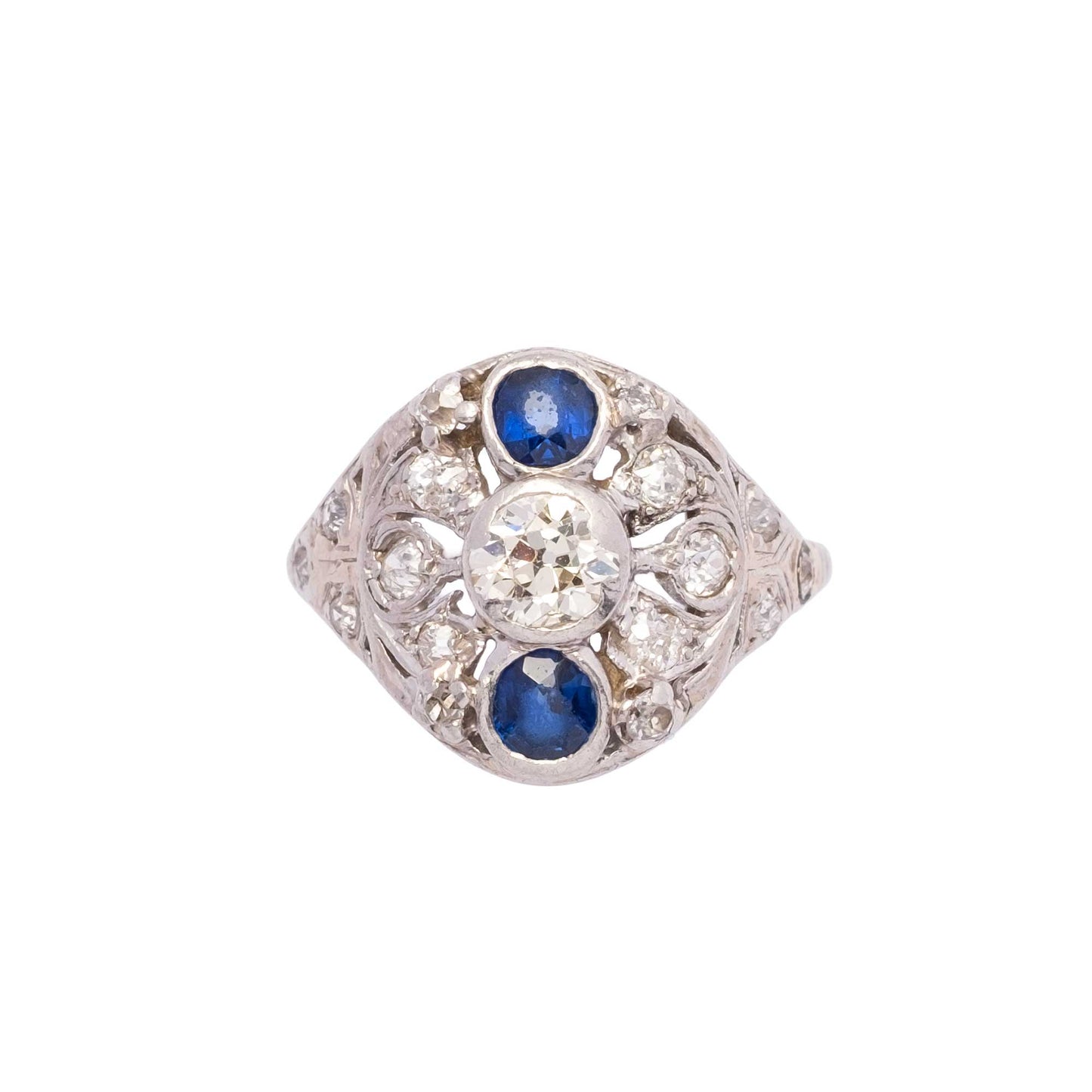 Anello Déco in Platino con Diamanti Taglio Antico e Zaffiri – Primi ’900