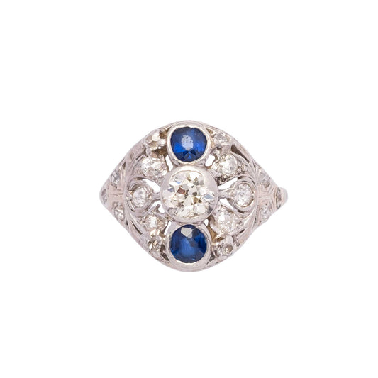 Anello Déco in Platino con Diamanti Taglio Antico e Zaffiri – Primi ’900