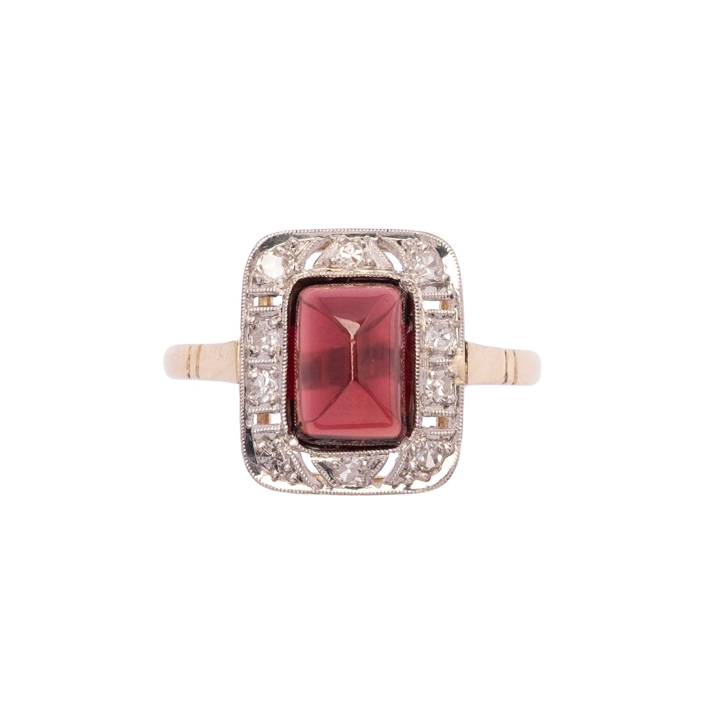 Anello Déco in Oro 18ct e Platino con Granato Taglio Pan di Zucchero e Diamanti