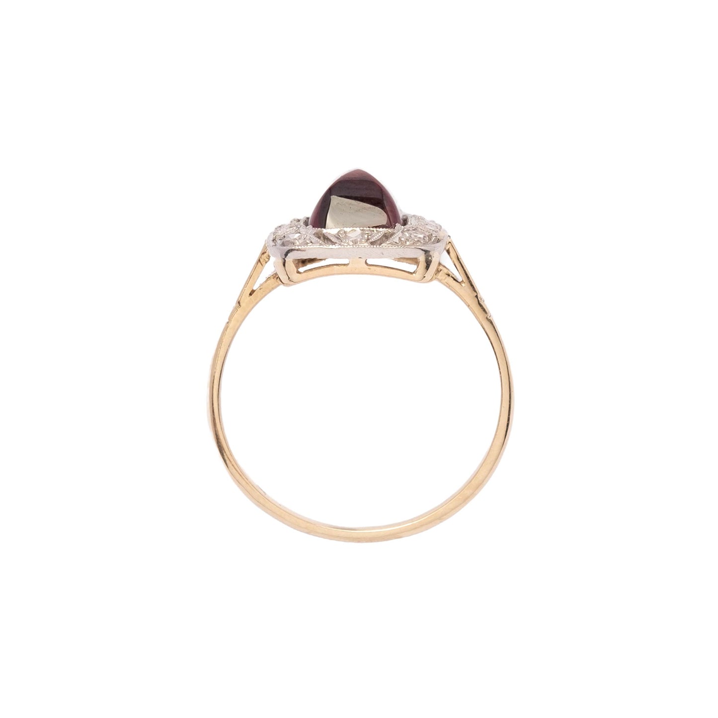 Anello Déco in Oro 18ct e Platino con Granato Taglio Pan di Zucchero e Diamanti