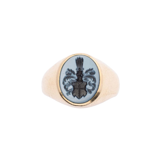 Anello Sigillo in Oro 14kt con Agata Incisa e Stemma Araldico