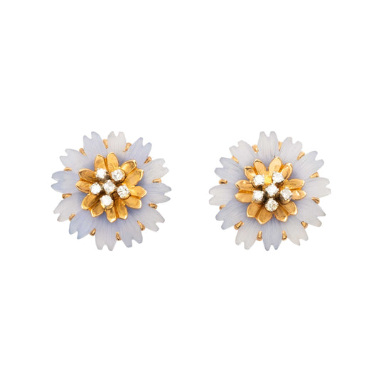 Graziosi Orecchini a Fiore Vintage in Oro 18ct con Diamanti e Calcedonio Lilla