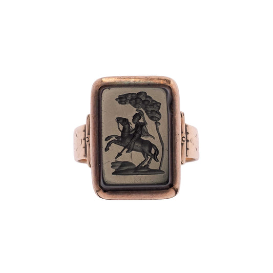 Anello Sigillo Antico Fine ’800 in Oro 9ct con Onice Inciso a Mano