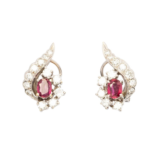 Bellissimi Orecchini Anni ’60 in Oro Bianco 18ct con Diamanti e Rubini Naturali