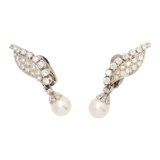 Importanti Orecchini Anni ’50 in Oro Bianco 18ct con Diamanti e Perle Giapponesi