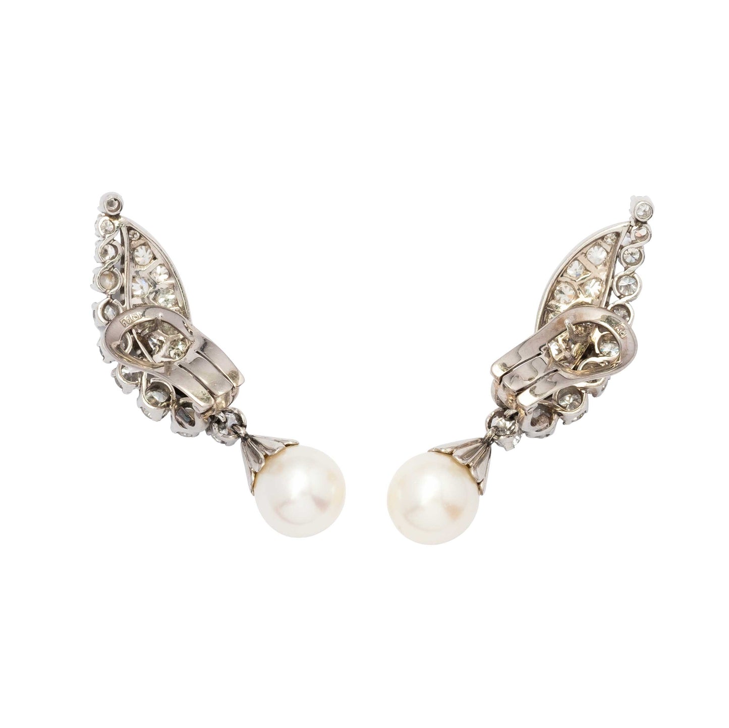 Important 1950s 18ct White Gold Diamond Earrings with Japanese Cultured Pearls