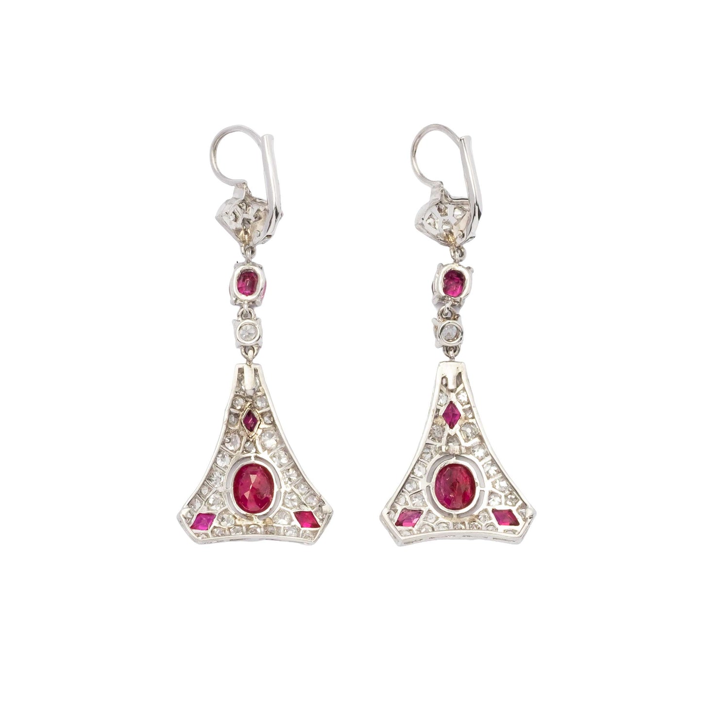 Important Art Deco Platinum and 18ct Gold Earrings with Burmese Rubies and Diamonds