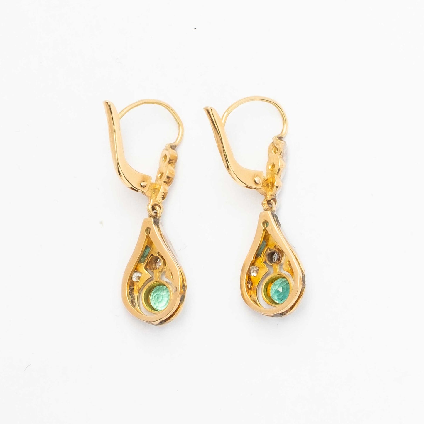 1930s Art Deco Gold and Platinum Earrings with Diamonds and Natural Emeralds