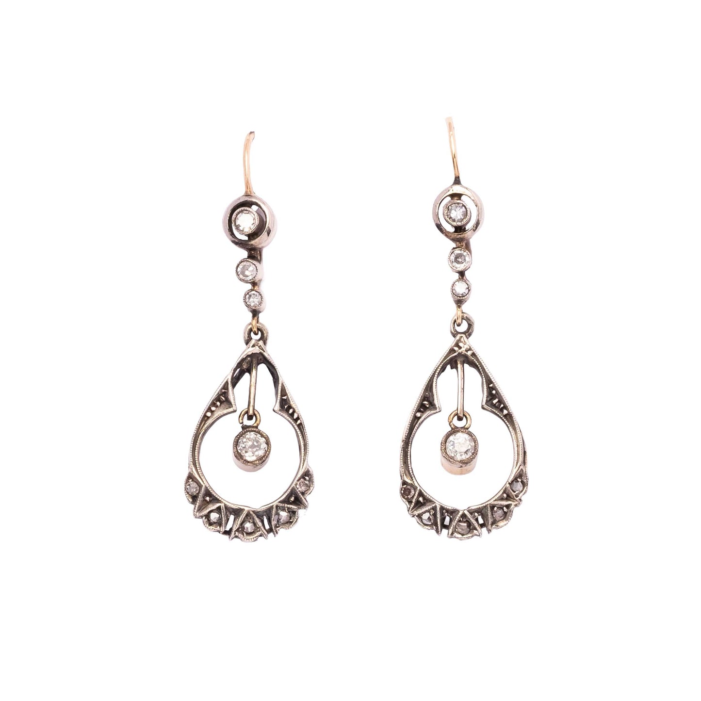 Early 1900s Art Nouveau 18ct Gold and Silver Earrings with Diamonds