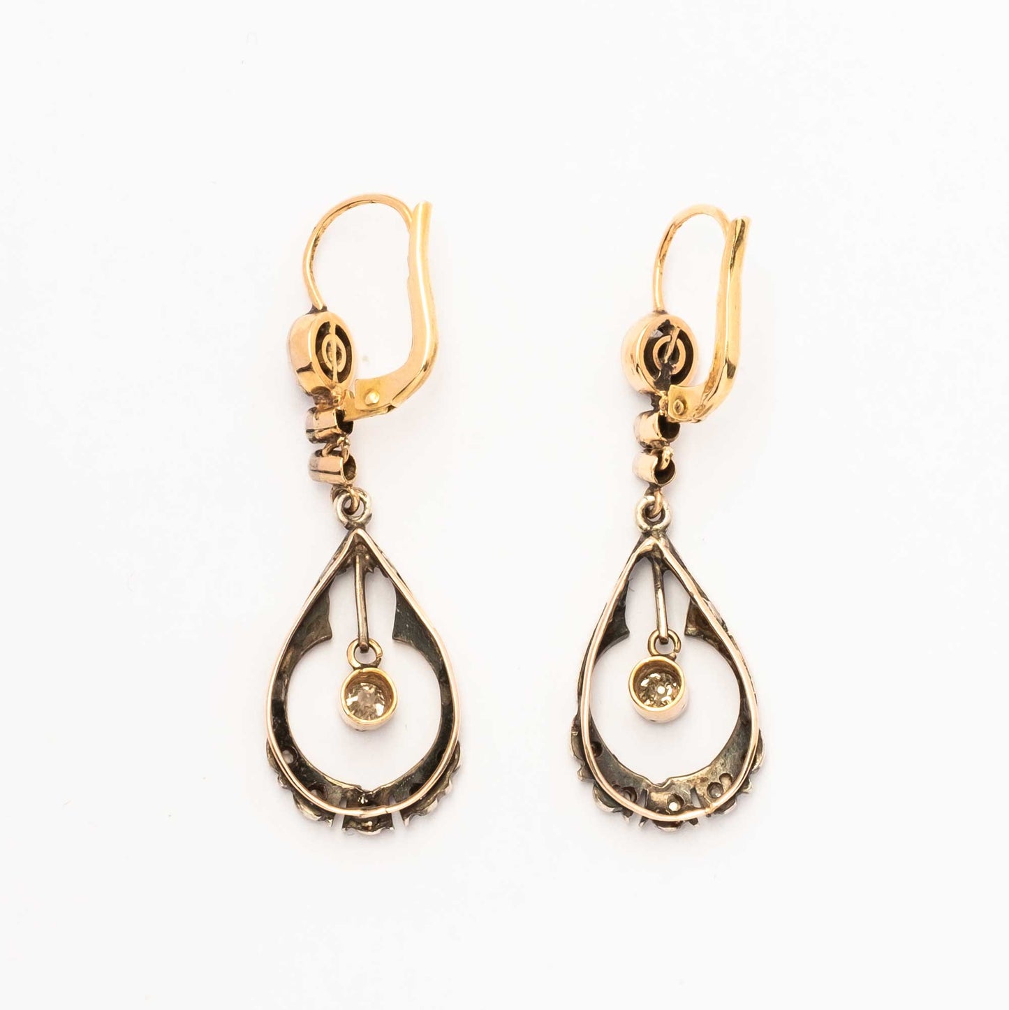 Early 1900s Art Nouveau 18ct Gold and Silver Earrings with Diamonds