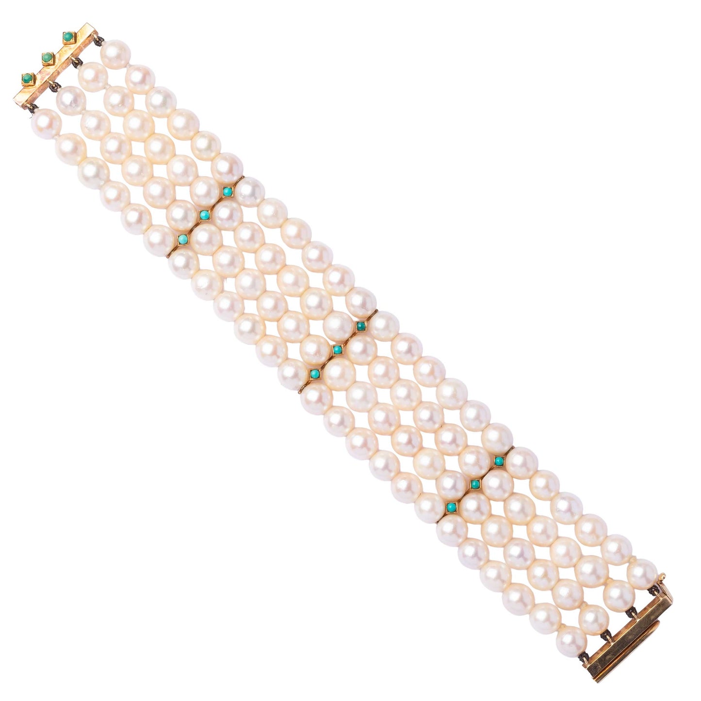 1960s Bracelet with Japanese Cultured Pearls and Natural Turquoise – Signed SANZ