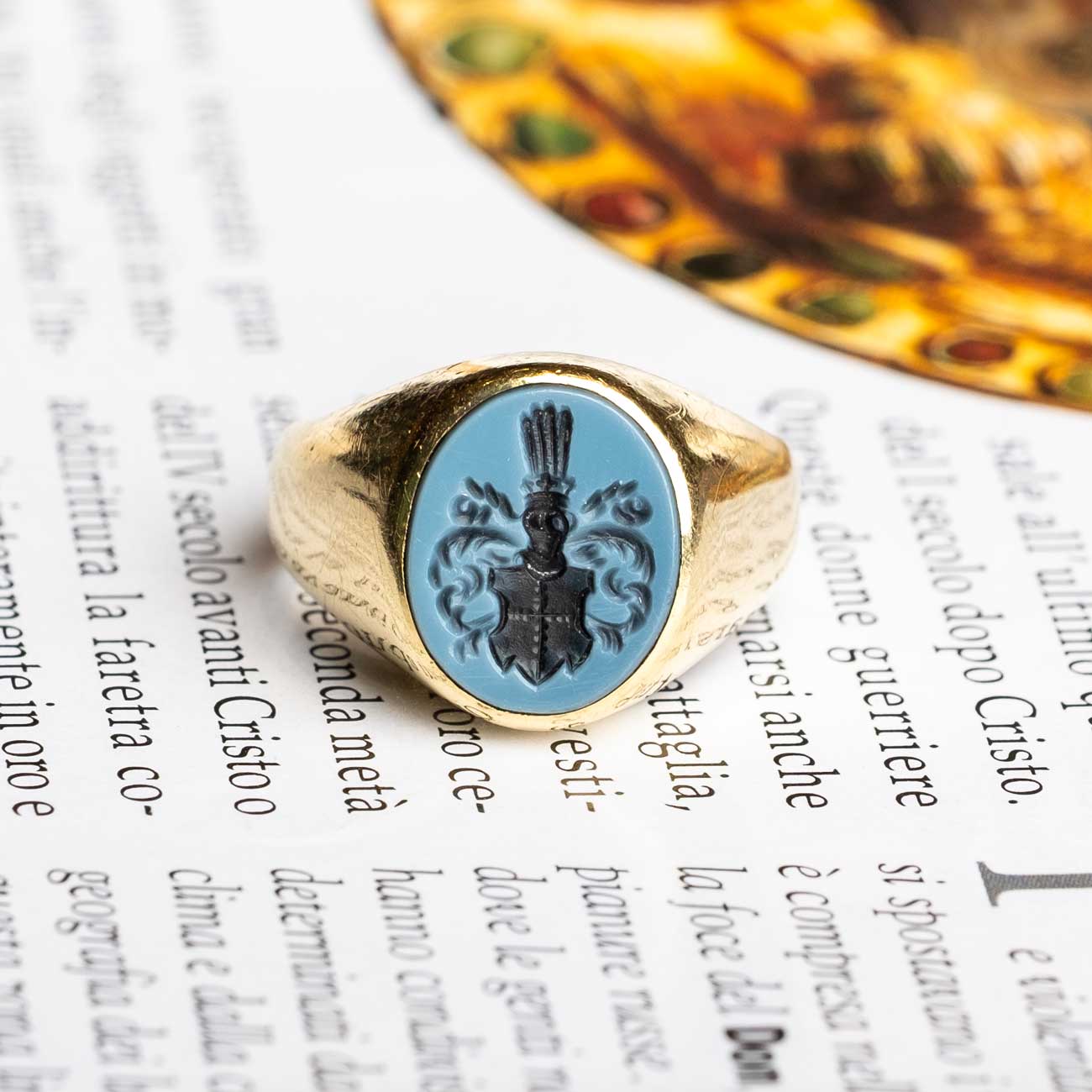 Gold Signet Ring with Hand-Carved Agate Heraldic Crest