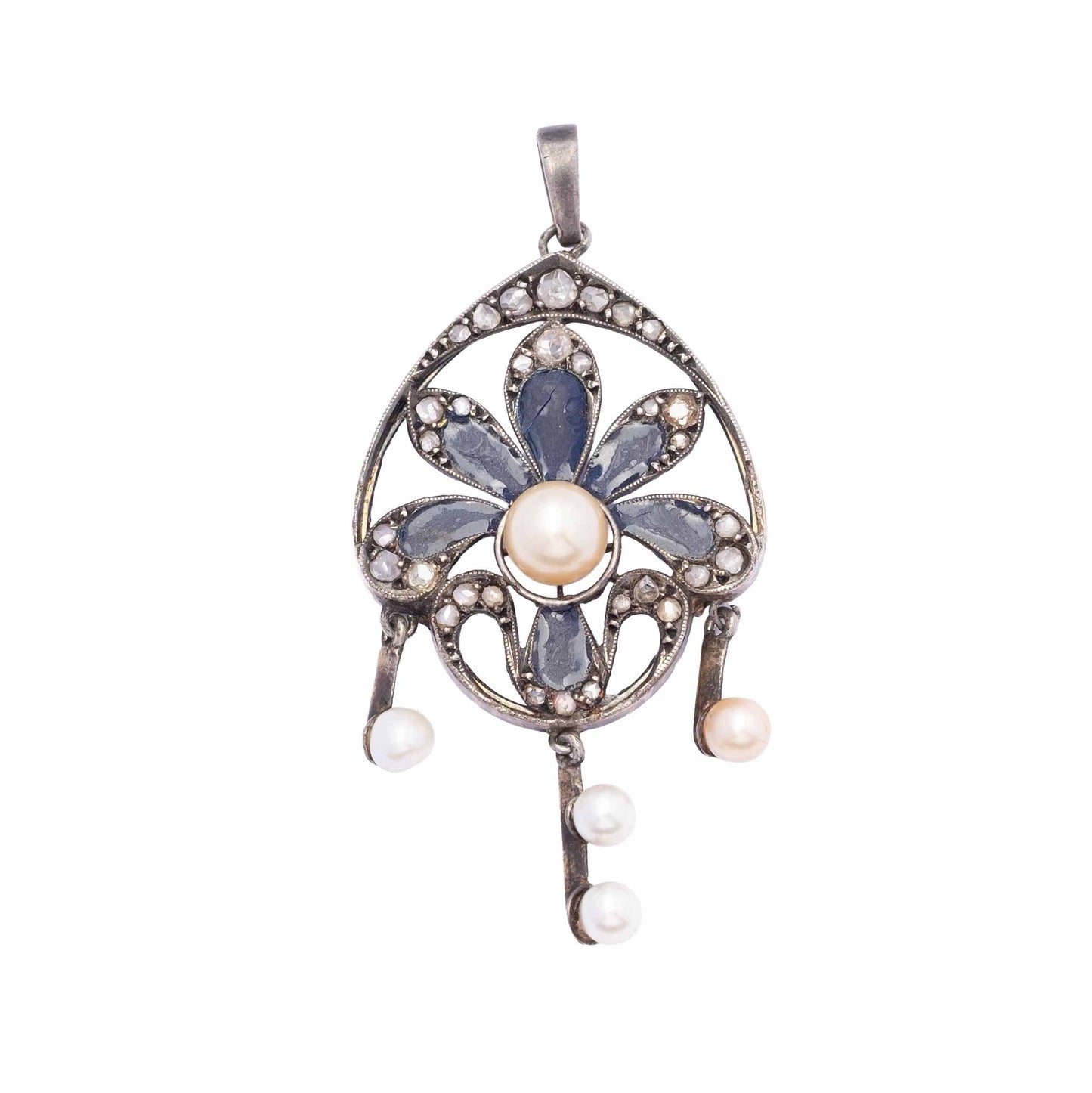 Elegante Pendente Liberty in Oro 18ct e Argento con Rose di Diamante, Perle e Smalto Plique-à-Jour