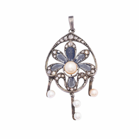 Elegant Art Nouveau 18ct Gold and Silver Pendant with Rose-Cut Diamonds, Pearls and Plique-à-Jour Enamel