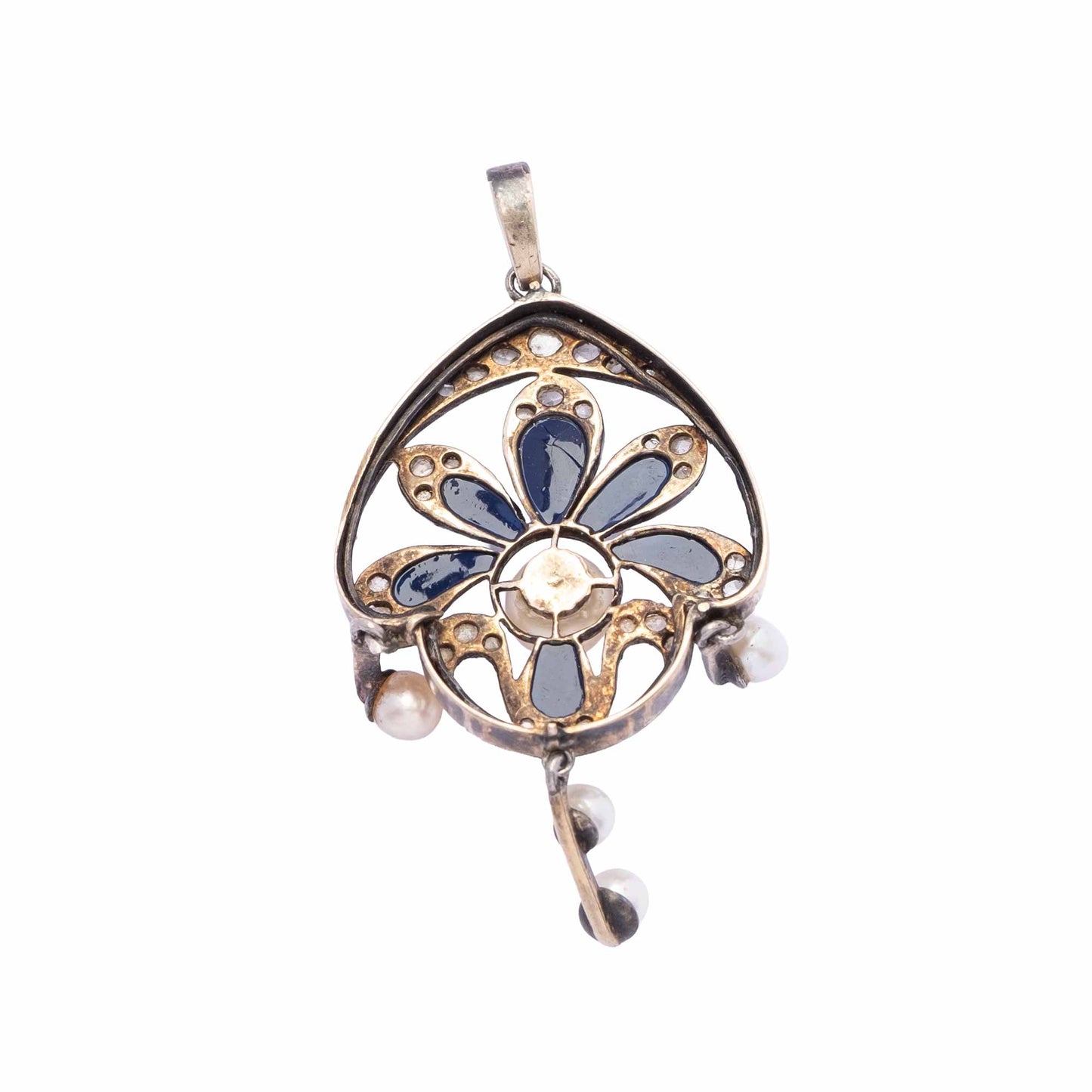 Elegante Pendente Liberty in Oro 18ct e Argento con Rose di Diamante, Perle e Smalto Plique-à-Jour