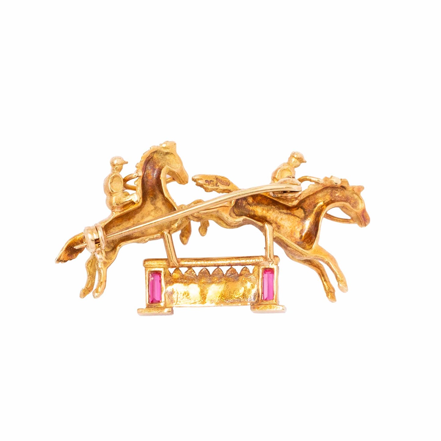 Spilla Vintage Anni '60 in Oro 18ct Raffigurante una Scena di Caccia Inglese a Cavallo