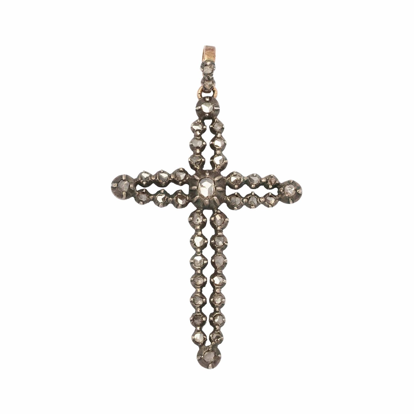 Affascinante Croce Pendente Antica della Prima Metà del XIX Secolo con Rose di Diamante