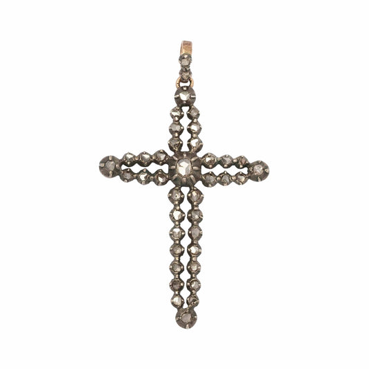 Affascinante Croce Pendente Antica della Prima Metà del XIX Secolo con Rose di Diamante