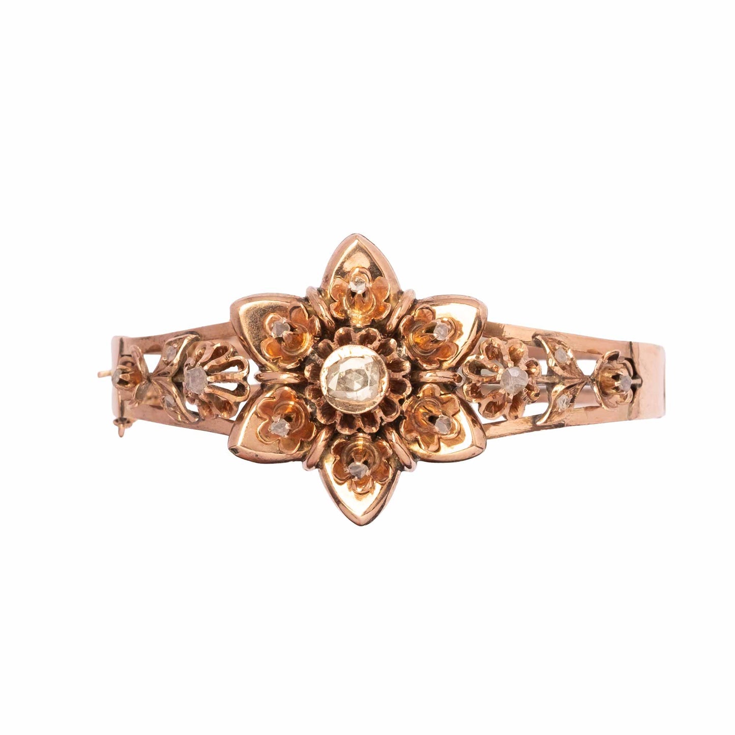 Bracciale Rigido della Seconda Metà del XIX Secolo in Oro con Rose di Diamante