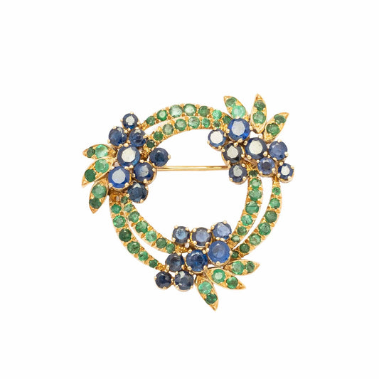 Particolare Spilla Anni '50/'60 in Oro 18ct con Zaffiri e Smeraldi Naturali