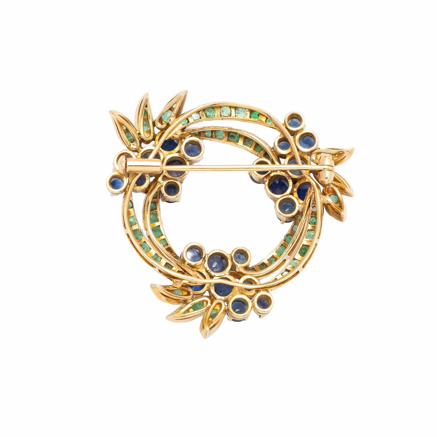 Particolare Spilla Anni '50/'60 in Oro 18ct con Zaffiri e Smeraldi Naturali