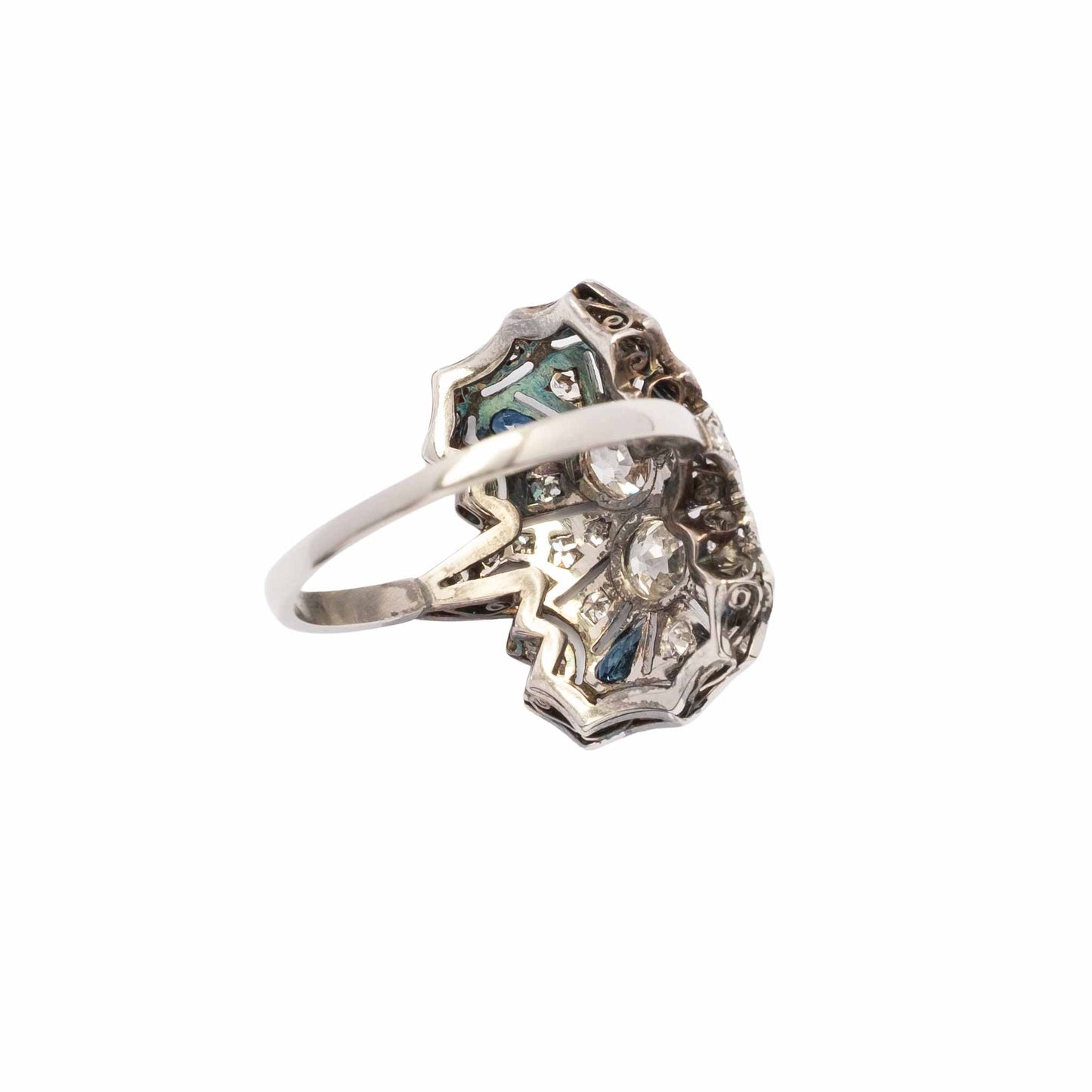 Anello Déco in Platino con Diamanti Taglio Antico e Zaffiri Calibrati