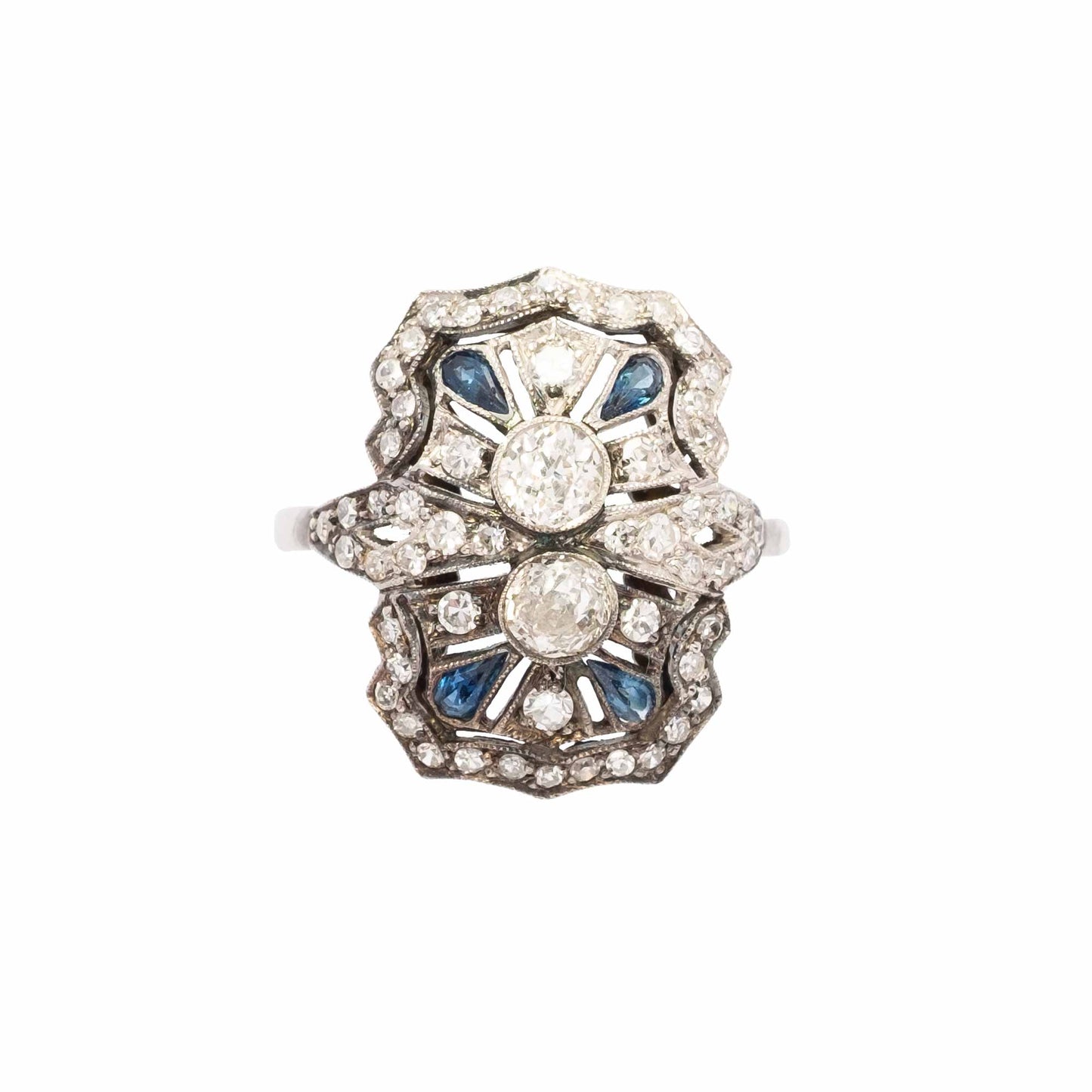 Art Deco Platinum Ring with Old-Cut Diamonds and Calibrated Sapphires