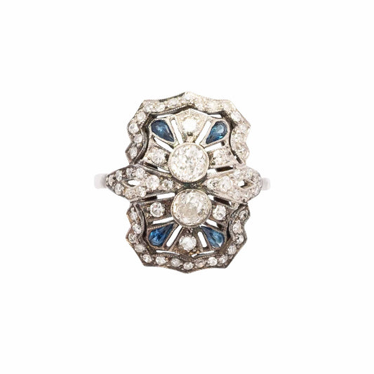 Anello Déco in Platino con Diamanti Taglio Antico e Zaffiri Calibrati