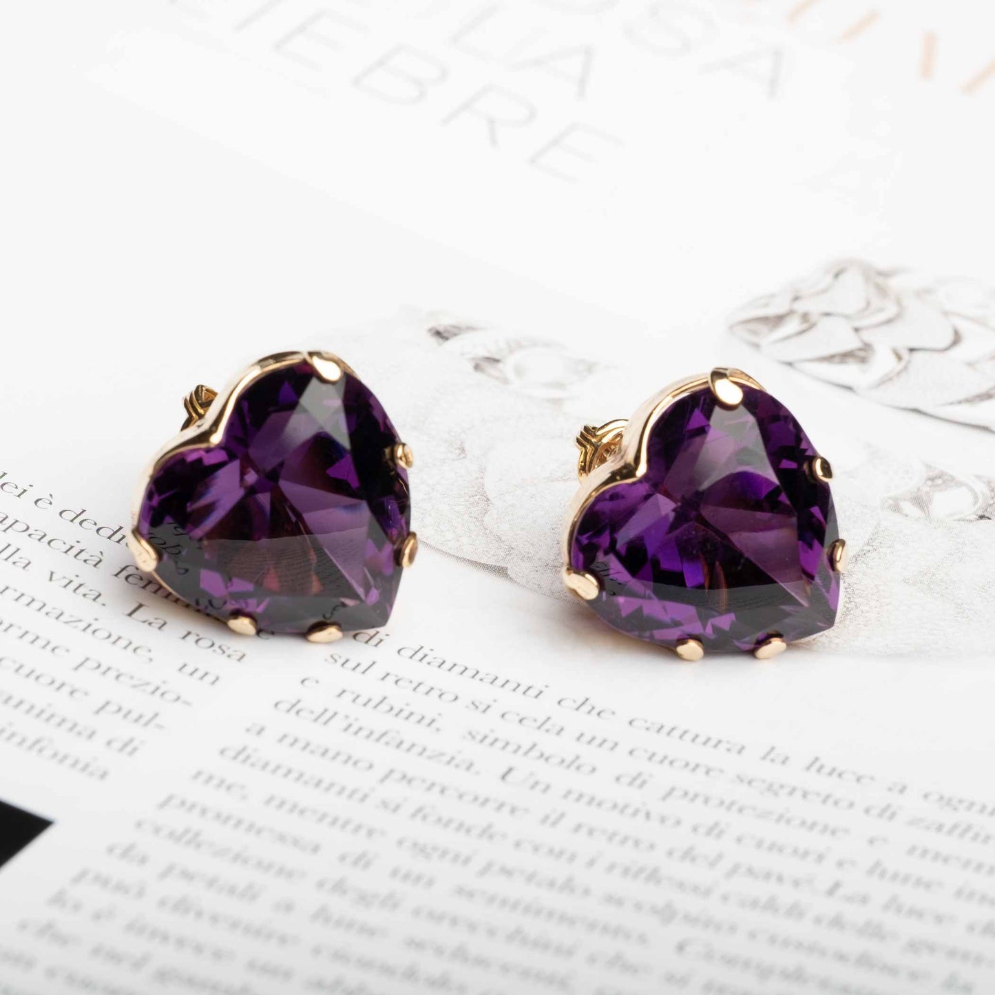 Vintage Gold Earrings with Heart-Shaped Natural Amethysts