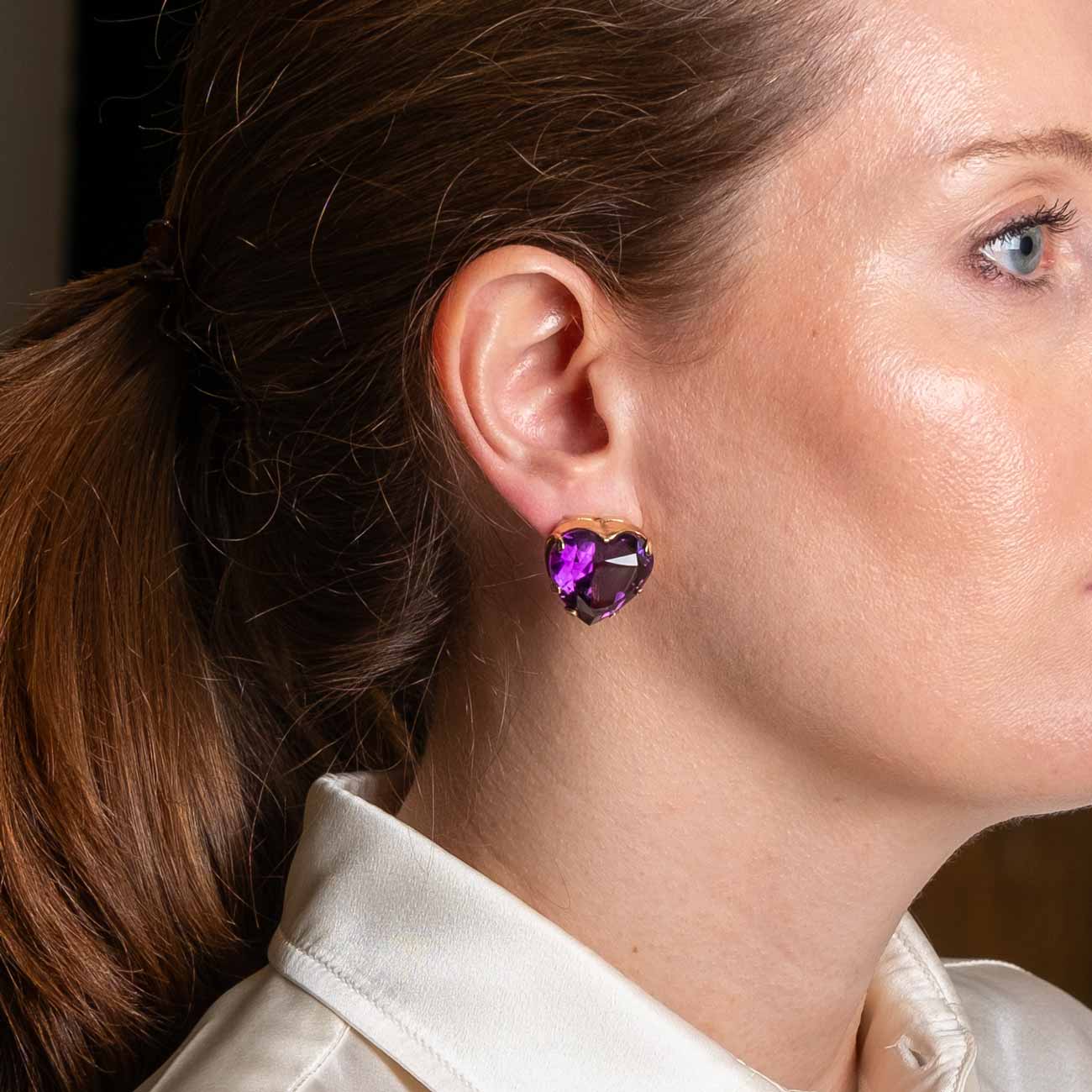 Vintage Gold Earrings with Heart-Shaped Natural Amethysts