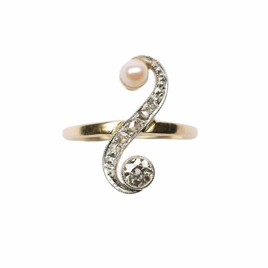 Deco Ring with Diamonds & Pearl