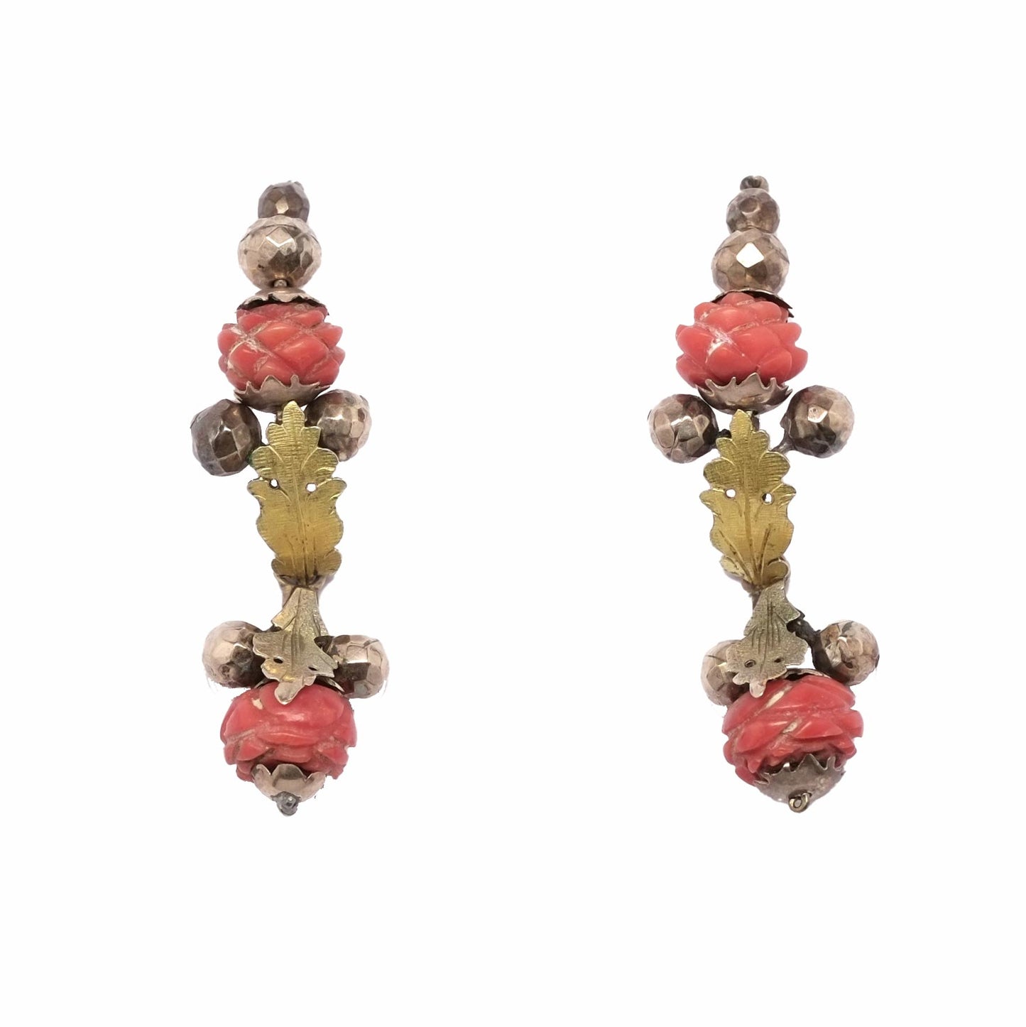 Antique Italian Hoop Earrings Coral Rose buds