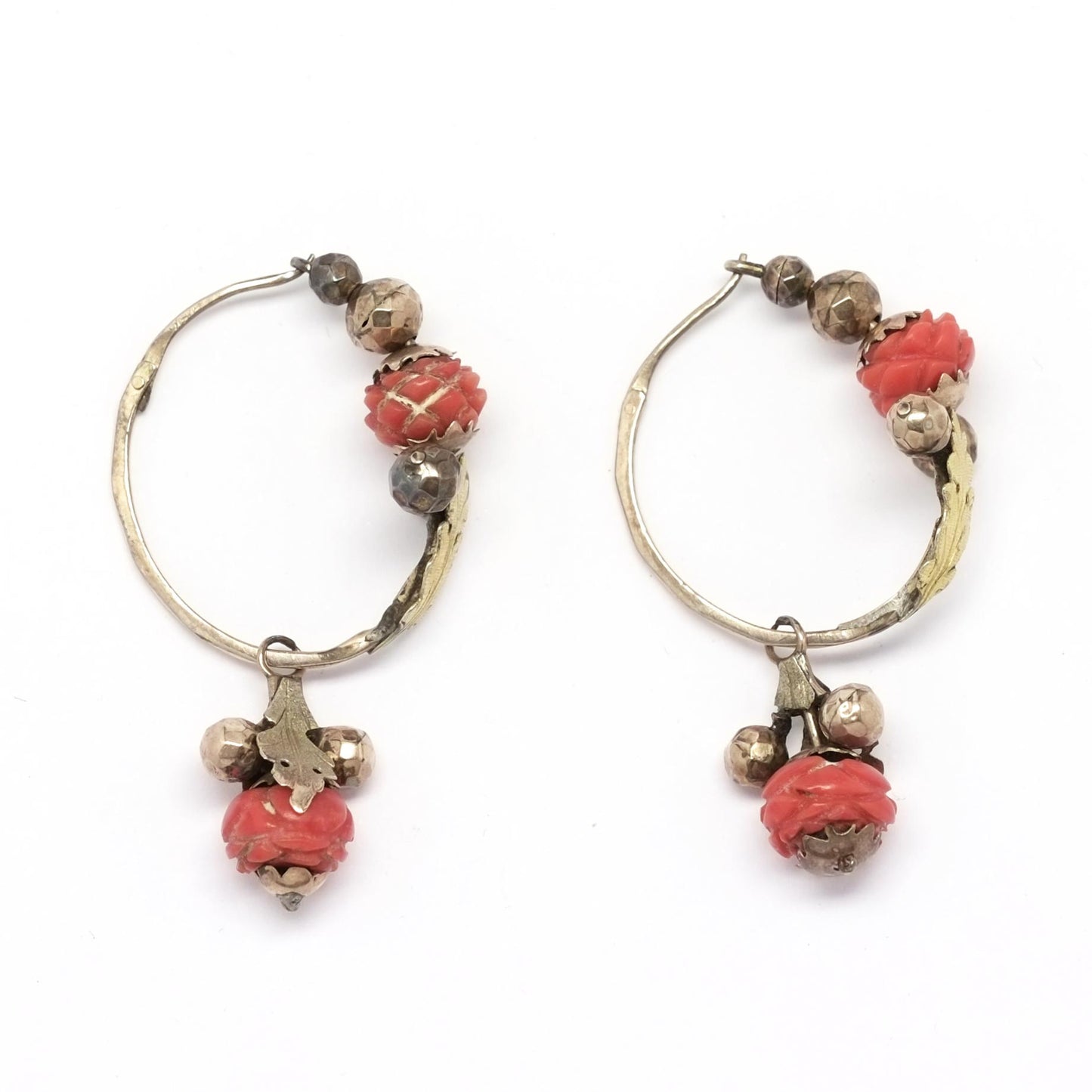 Antique Italian Hoop Earrings Coral Rose buds